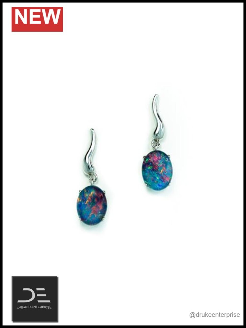 Genuine Australian Triplet Opal Earrings, 9x7mm, White Gold Plated Sterling